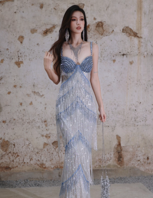 Glitter Spaghetti Straps Sequin Beaded Mermaid Long Evening Dress Birthday Prom Dress With Tassel D2407