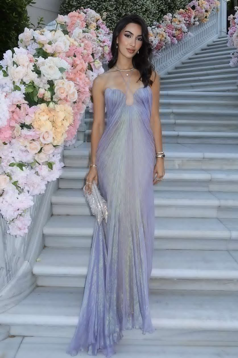 Stunning Halter Lilac Tulle Pleated Sequin Long Party Dresses Evening Dress D4872
