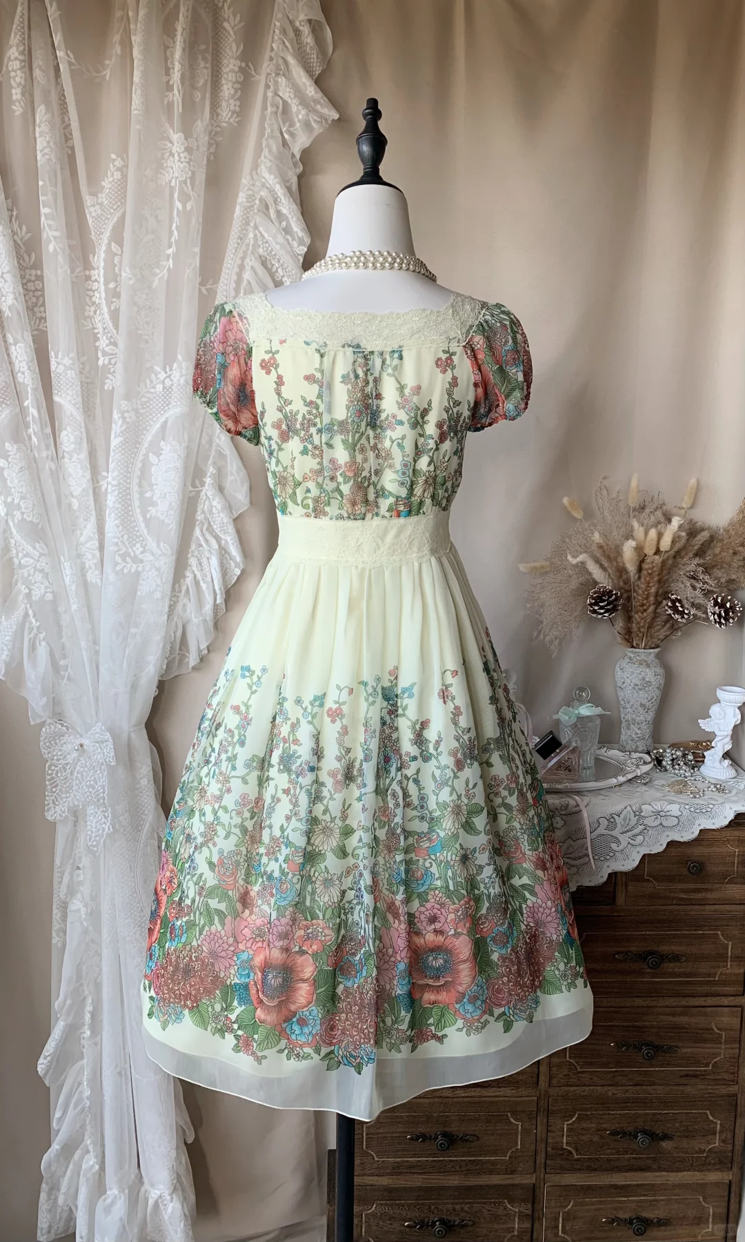 Chic Square Neck Lace Chiffon Print Floral A Line Short Homecoming Dress Birthday Outfits D3185
