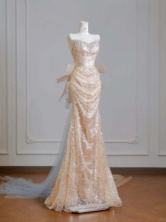 Glitter Strapless Tulle Sequin Beaded Mermaid Long Party Dress Birthday Evening Dress D2500