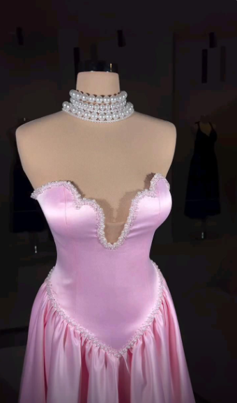 Pretty Sweetheart Neck Pink Satin Beaded A Line Long Party Dress Birthday Prom Dress D3738