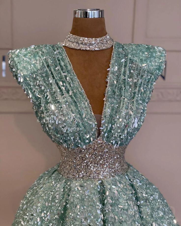 Gorgeous Mint Green V Neck Sequin Beaded A Line Short Homecoming Dress Cocktail Dress D4232