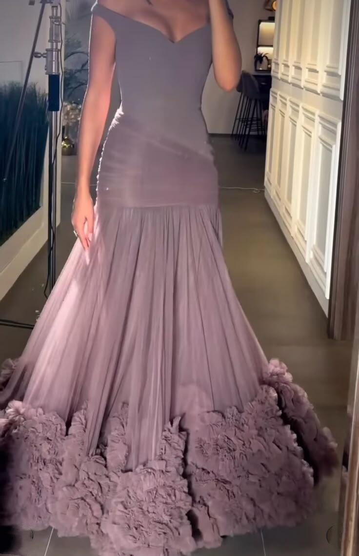 Vintage Off The Shoulder Tulle Long Wedding Guest Dress Purple Mermaid Long Evening Dress D4489