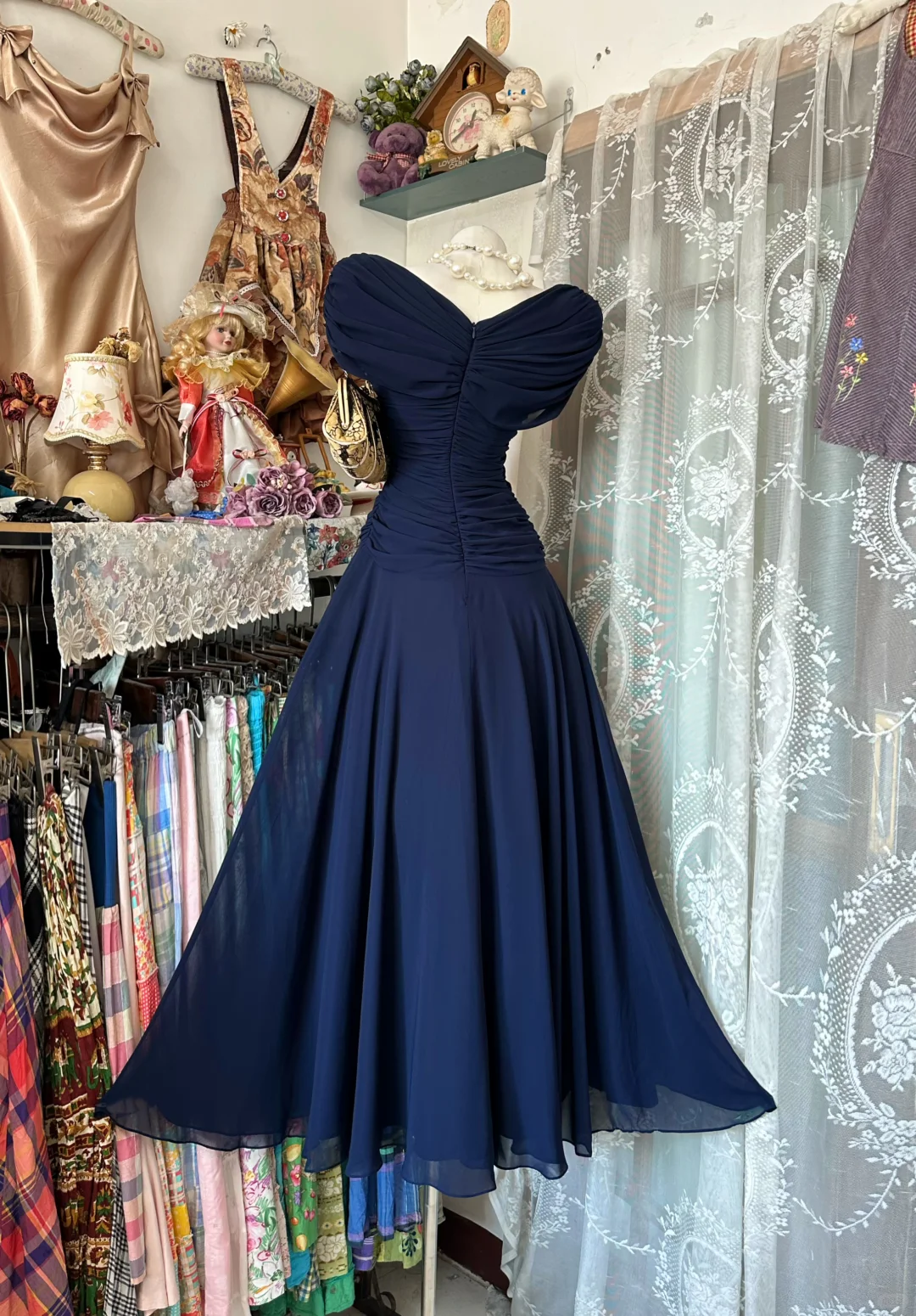 Classy Navy Blue Off The Shoulder Chiffon A Line Evening Dress Long Wedding Guest Dress D2877