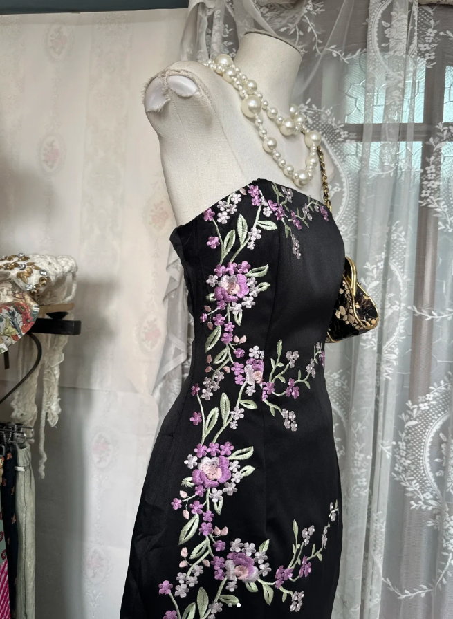 Vintage Black Strapless Satin Sheath Long Evening Dress Formal Birthday Party Gown D1620