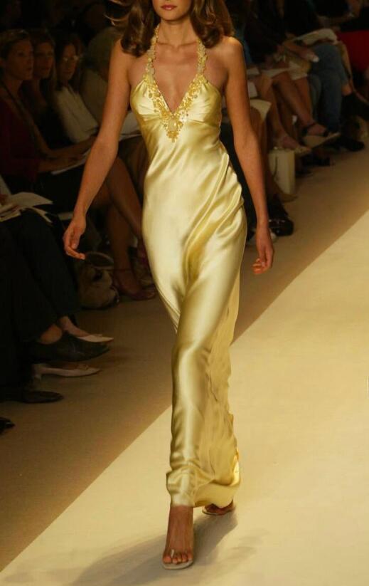 Elegant Yellow Satin Beaded Prom Dress Halter Long Evening Dress D5178