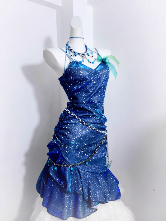 Glitter Spaghetti Straps Navy Blue Ruffles Short Homecoming Dress Birthday Outfits S607
