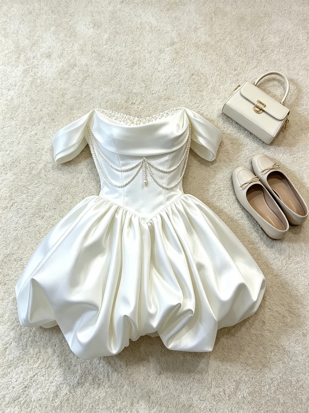 Classy White Off The Shoulder Satin A Line Short 15th Birthday Outfit Homecoming Dress D3051