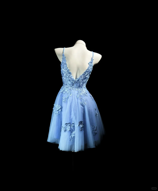 Elegant Spaghetti Straps Tulle Applique A Line Mini Birthday Dress,Blue Short 8th Grade Homecoming Dress D3242