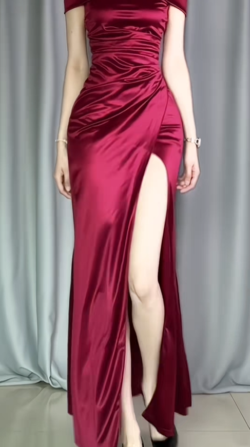 Pretty Burgundy Off The Shoulder Satin Pleated Mermaid Party Dress Long Slit Evening Gowns D2486