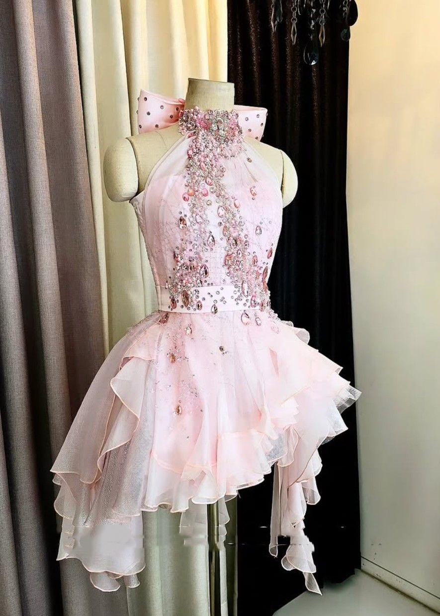 Pretty Halter Pink Chiffon Beaded A Line Short Homecoming Dress Birthday Outfits D425