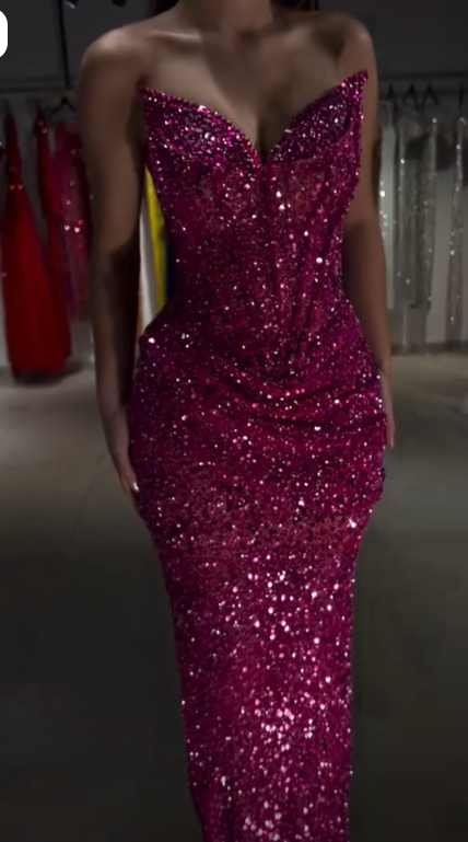Gorgeous Hot Pink Strapless Sequin Beaded Long Party Dress Evening Dress D4346