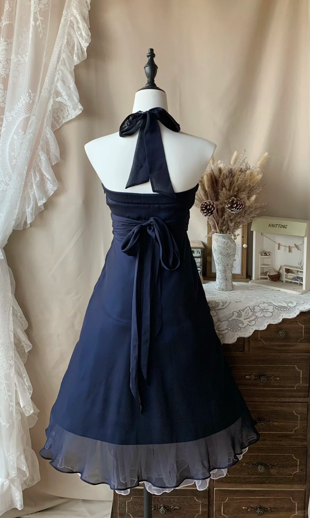 Classy Navy Blue Halter Chiffon A Line Short Homecoming Dress Birthday Outfits D3070