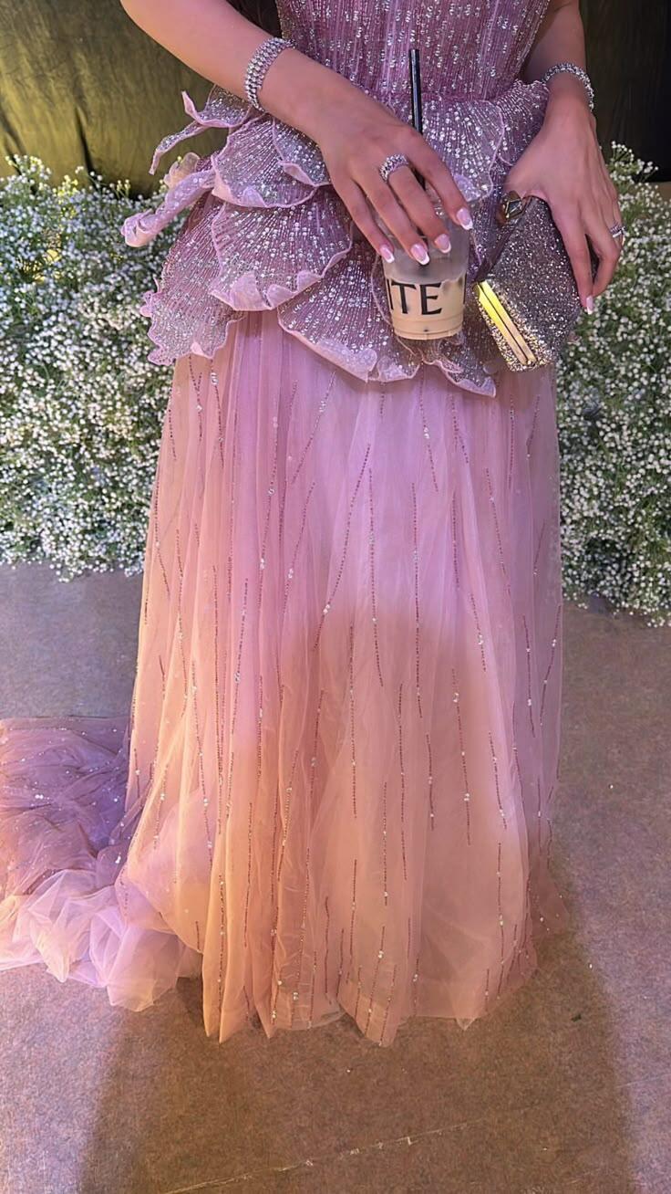 Glamorous Pink Sequin Petals Tulle Mermaid Long Party Dress Strapless Long Evening Dress D4487