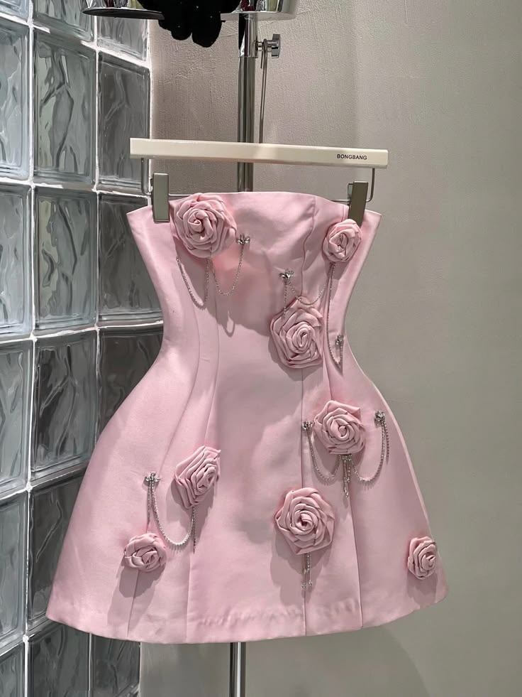 Elegant Strapless Pink Satin 3D Floral Short Homecoming Dress Birthday Dress D3991