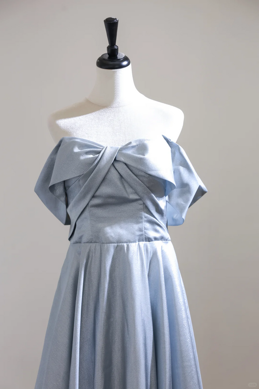 Simple Blue Satin A Line Long Wedding Guest Dress Formal Evening Dress D3129