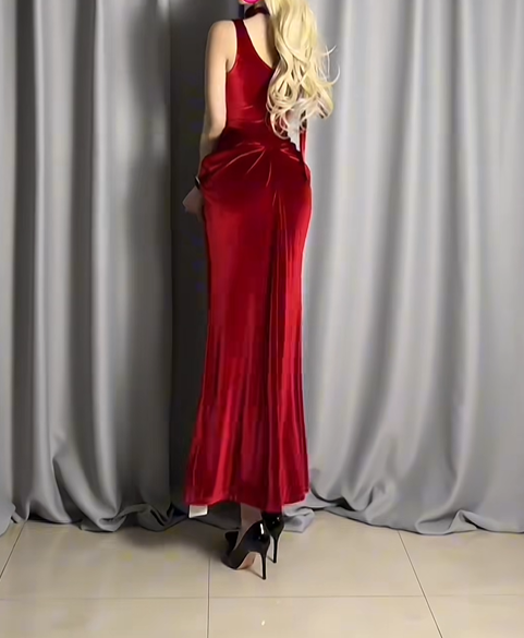 Sexy Red V Neck Velvet Mermaid Long Evening Dress Prom Dress D2491
