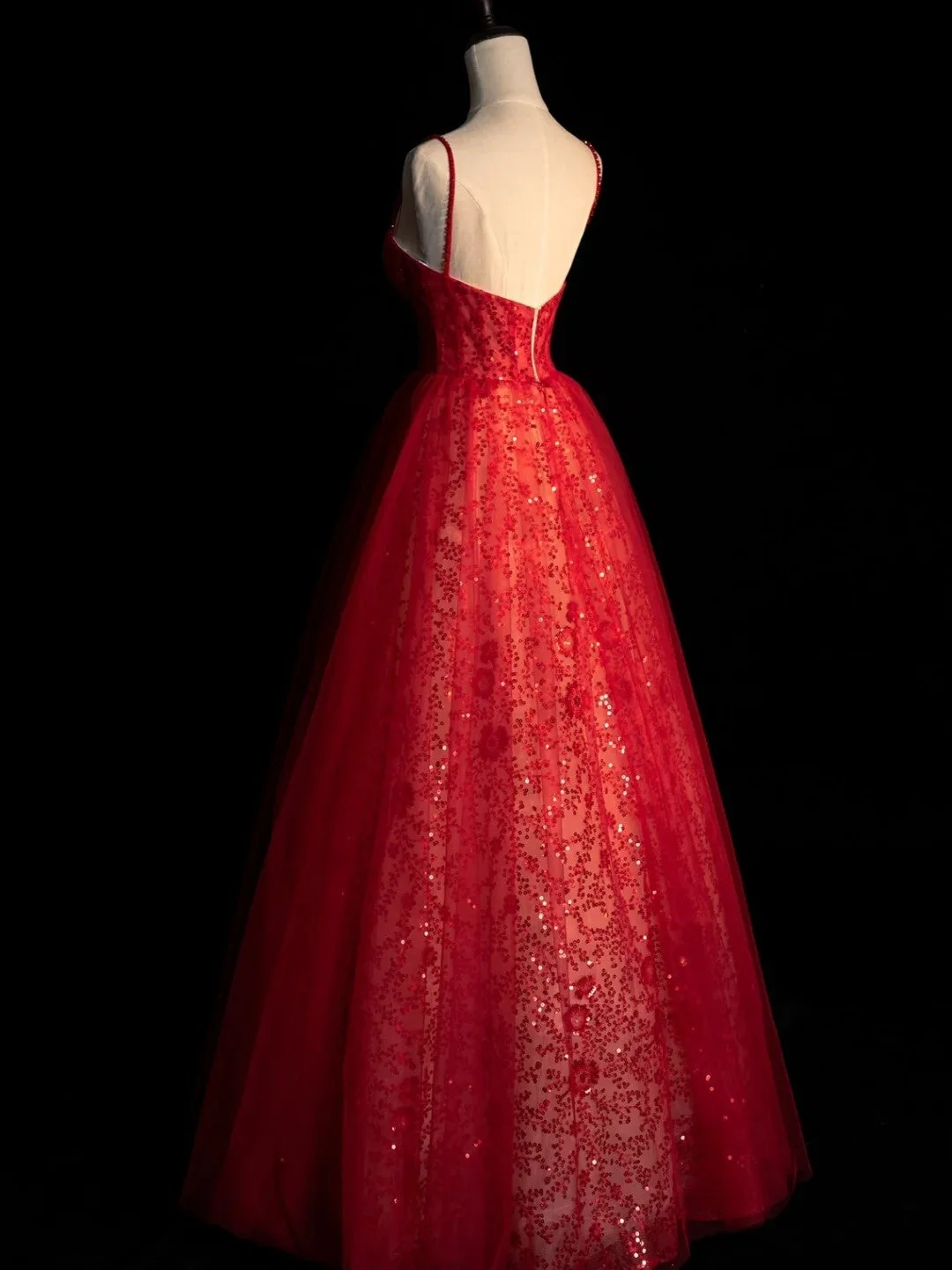 Shiny Spaghetti Strap Tulle Sequined Long Prom Party Dress Red Long Evening Dress D4527
