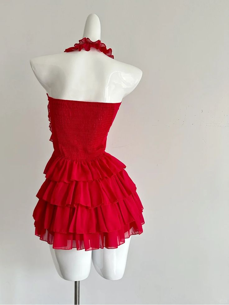Beautiful Red Halter Chiffon Ruffle Formal Birthday Dress Short Vacation Dress D435