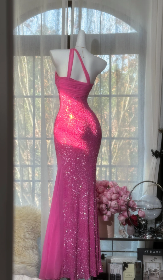 Sparkly One Shoulder Pink Chiffon Sequin Beaded Mermaid Long Evening Dress Formal Party Dress Birthday Prom Gown D2094