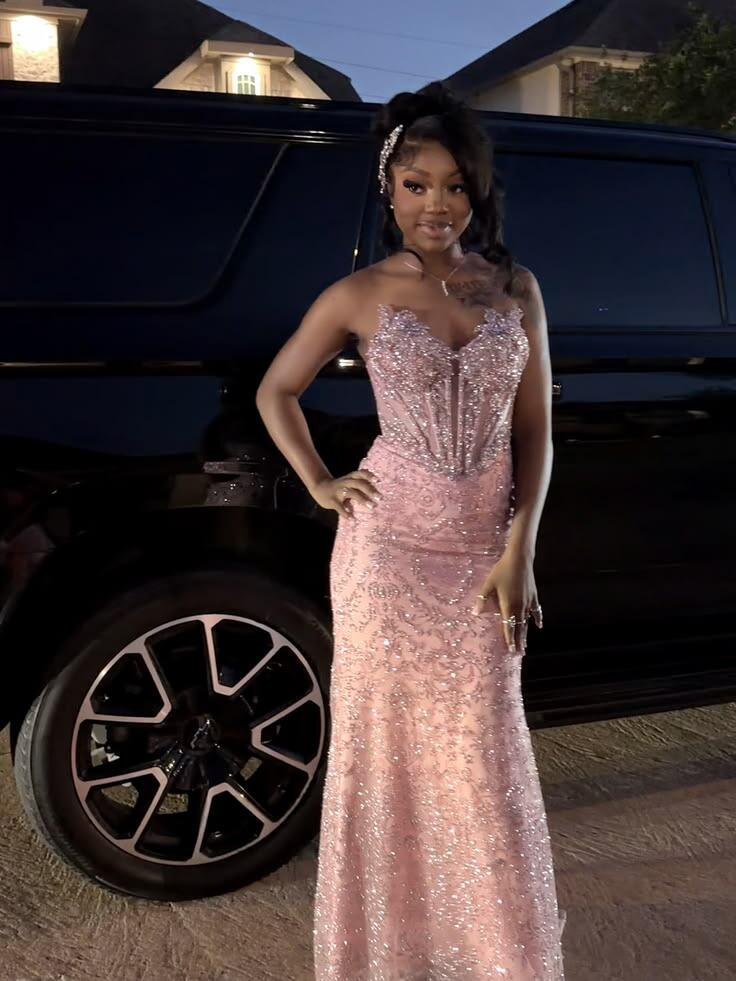 Pretty Pink Satin Tulle Sequin Mermaid Long Party Dress Evening Gown D5185