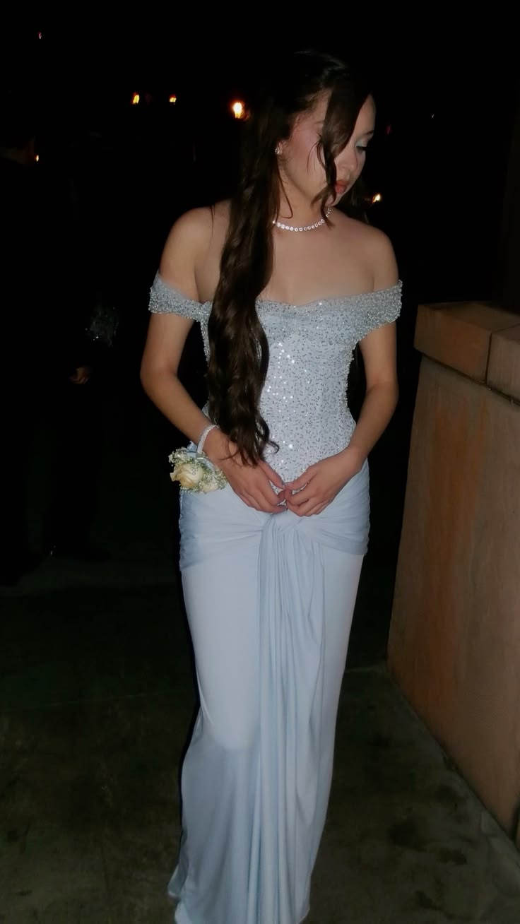 Elegant Off The Shoulder Blue Chiffon Long Prom Dress Birthday Party Dress D4733
