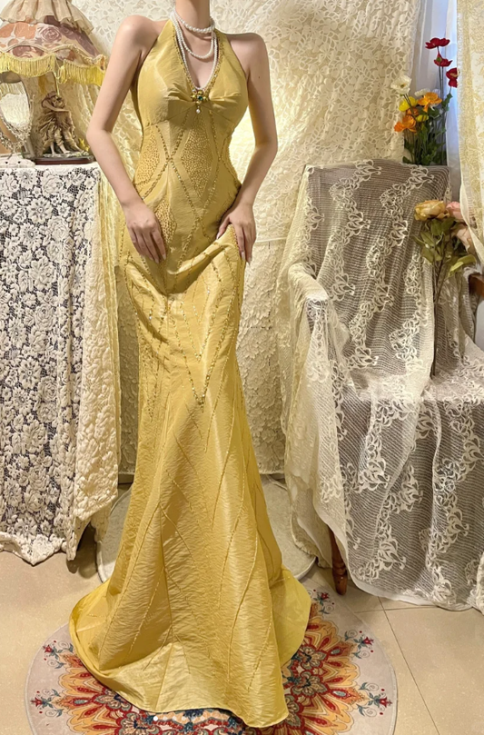 Unique Yellow Halter V Neck Satin Beaded Mermaid Long Party Dress Evening Dress D2135