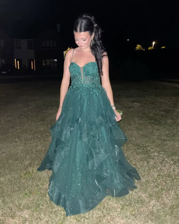 Shiny Spaghetti Straps Green Tulle Sequin Long Party Dress Evening Gown D4277
