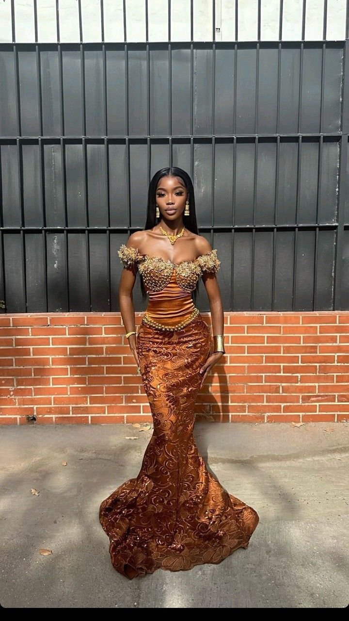 Gorgeous Burnt Orange Off The Shoulder Satin Beaded Mermaid Long Party Dress Evening Gown D1877