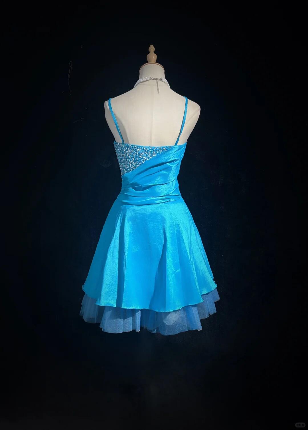 Glamorous Blue Satin Beaded 3D Floral Short Graduation Homecoming Dress.Spaghetti Straps A Line Mini Birthday Dress D3388