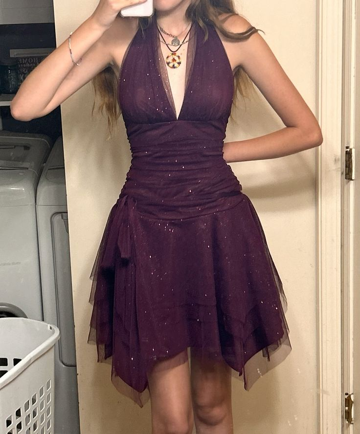 Sexy Deep V Halter A Line Homecoming Dress Purple Cocktail Dress S276 – SweetDress
