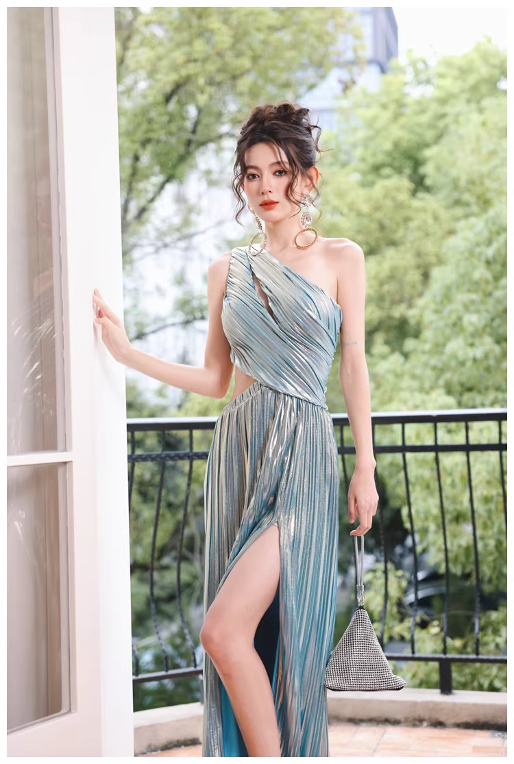Sexy One Shoulder Satin Pleated Slit Long Wedding Guest Dress Blue Birthday Prom Dress Evening Gown D2458