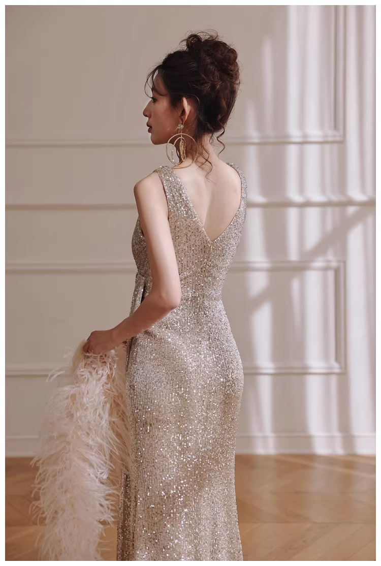 Glitter V Neck Silver Sequin Slit Mermaid Long Evening Dress Birthday Dress D2420