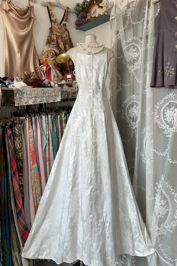 Pretty Spaghetti Straps White Satin Print Floral Mermaid Evening Dress Long Birthday Party Dress D1673