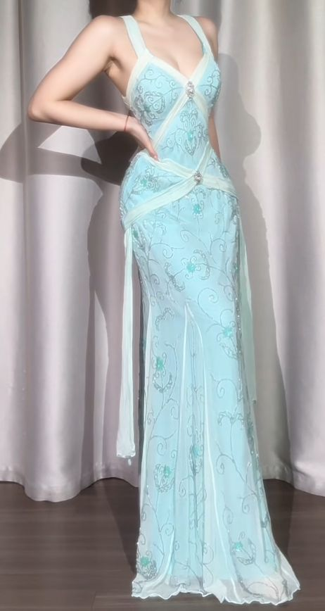 Classy Light Blue V Neck Chiffon Beaded Mermaid Long Party Dress Backless Evening Gown D1910