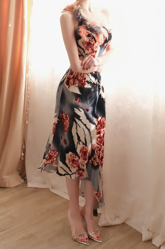 Unique One Shoulder Chiffon Print Floral Mermaid Evening Dress Long Prom Gowns D2727