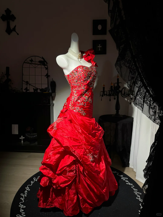 Stylish Red Satin Ruched Beaded Mermaid Party Dress,One Shoulder Long Evening Gown D3733
