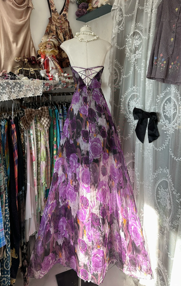 Charming Strapless Purple Chiffon Print Floral A Line Long Party Dress Birthday Prom Gown D1668