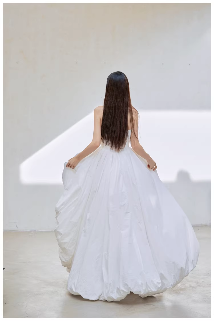 Charming Strapless White Satin Pleated Puff Birthday Party Dress Formal Prom Dresses D2413