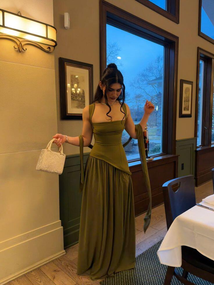 Vintage Spaghetti Straps Satin Chiffon A Line Long Wedding Guest Dress,Green Evening Dress Prom Gown D2997