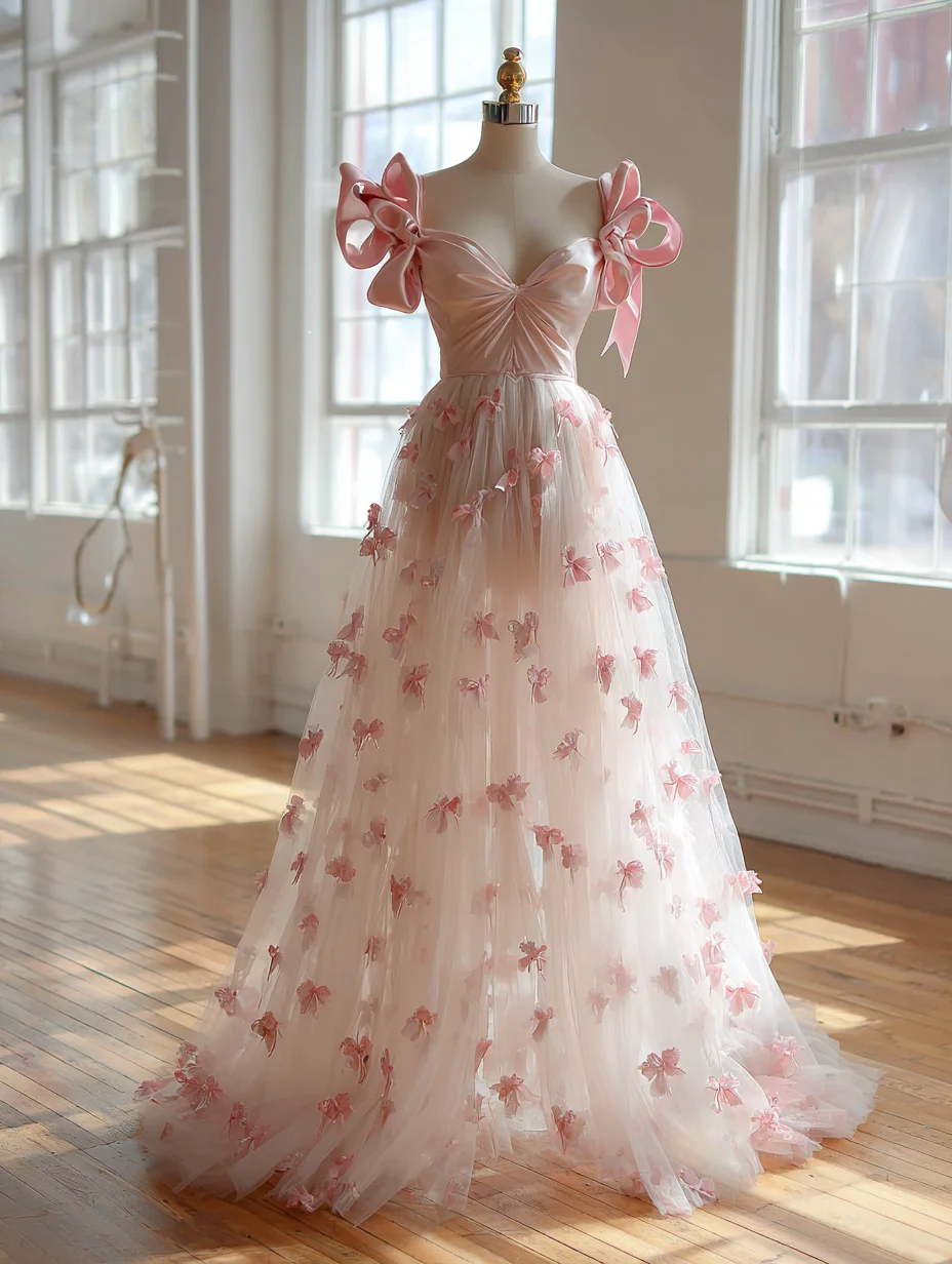 Cute Pink Satin Tulle Long Birthday Prom Dress Evening Gowns With 3D Petals D2475