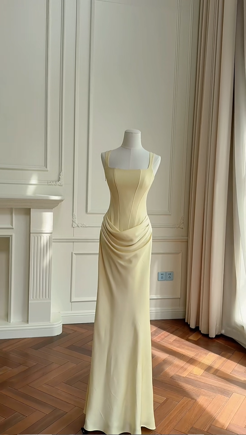 Classy Yellow Satin Mermaid Long Wedding Guest Dress Formal Party Dress D2948