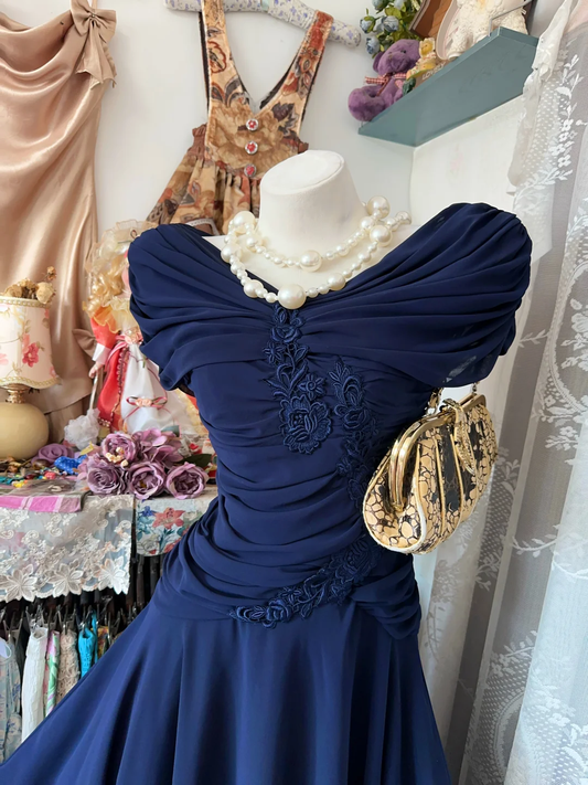 Elegant Navy Blue Chiffon Appliques Long Wedding Guest Dress,Formal Party Dress D3214