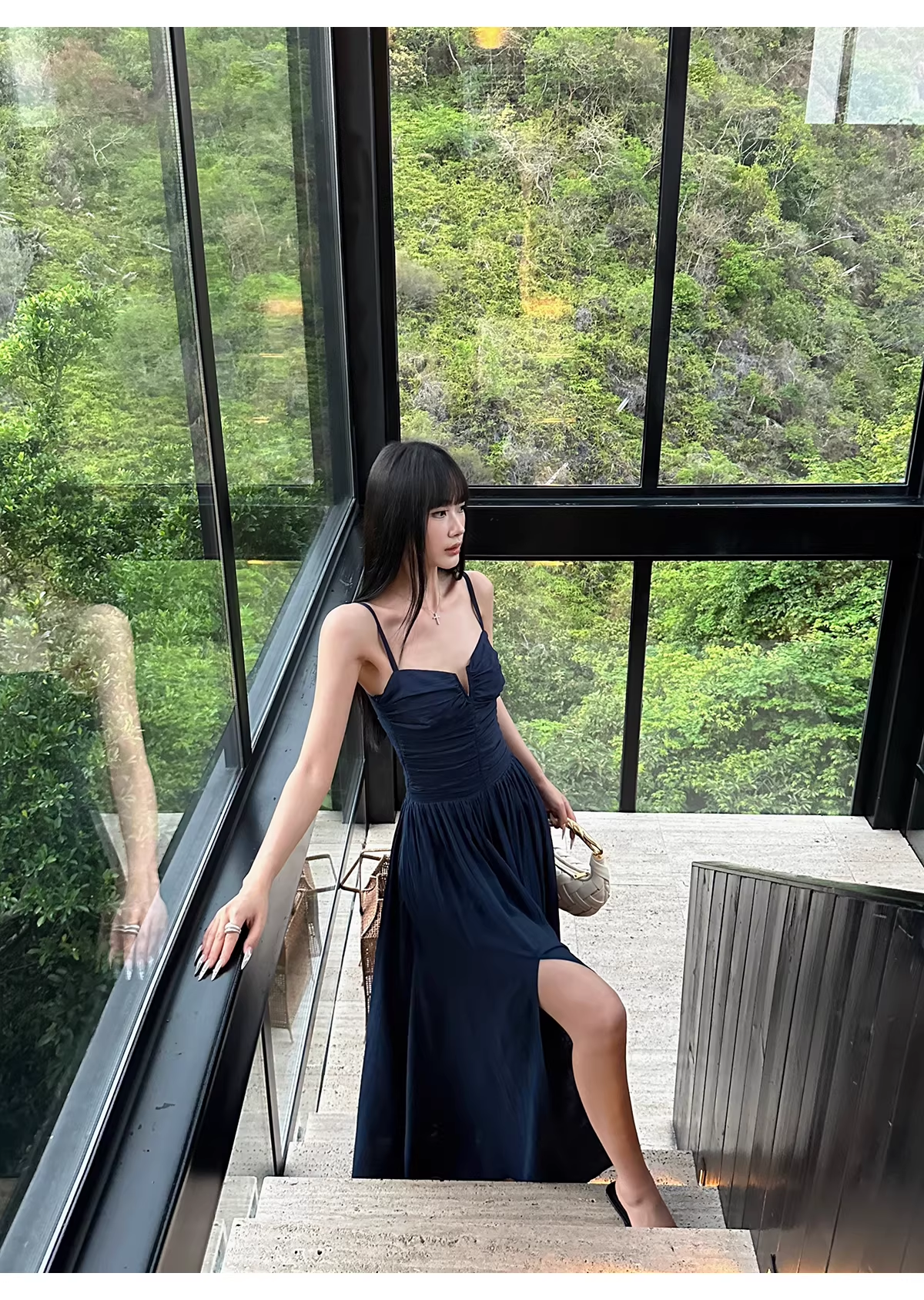 Elegant Spaghetti Straps Satin A Line Slit Evening Dress Navy Blue Long Birthday Party Dress With Pockets D2084