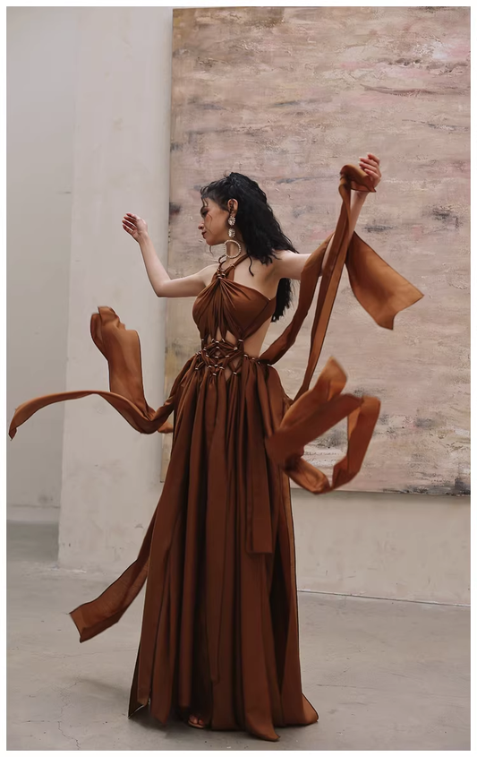 Sexy Halter Caramel Backless Satin Long party Dress Evening Gown D2419