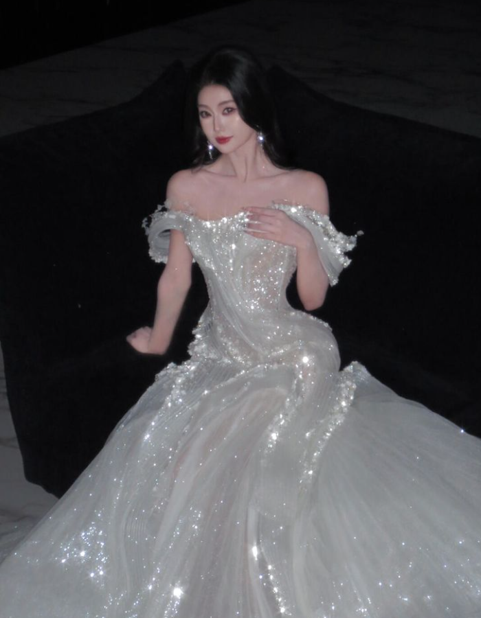 Shiny White Off The Shoulder Tulle Sequin Mermaid Long Wedding Dress D1199