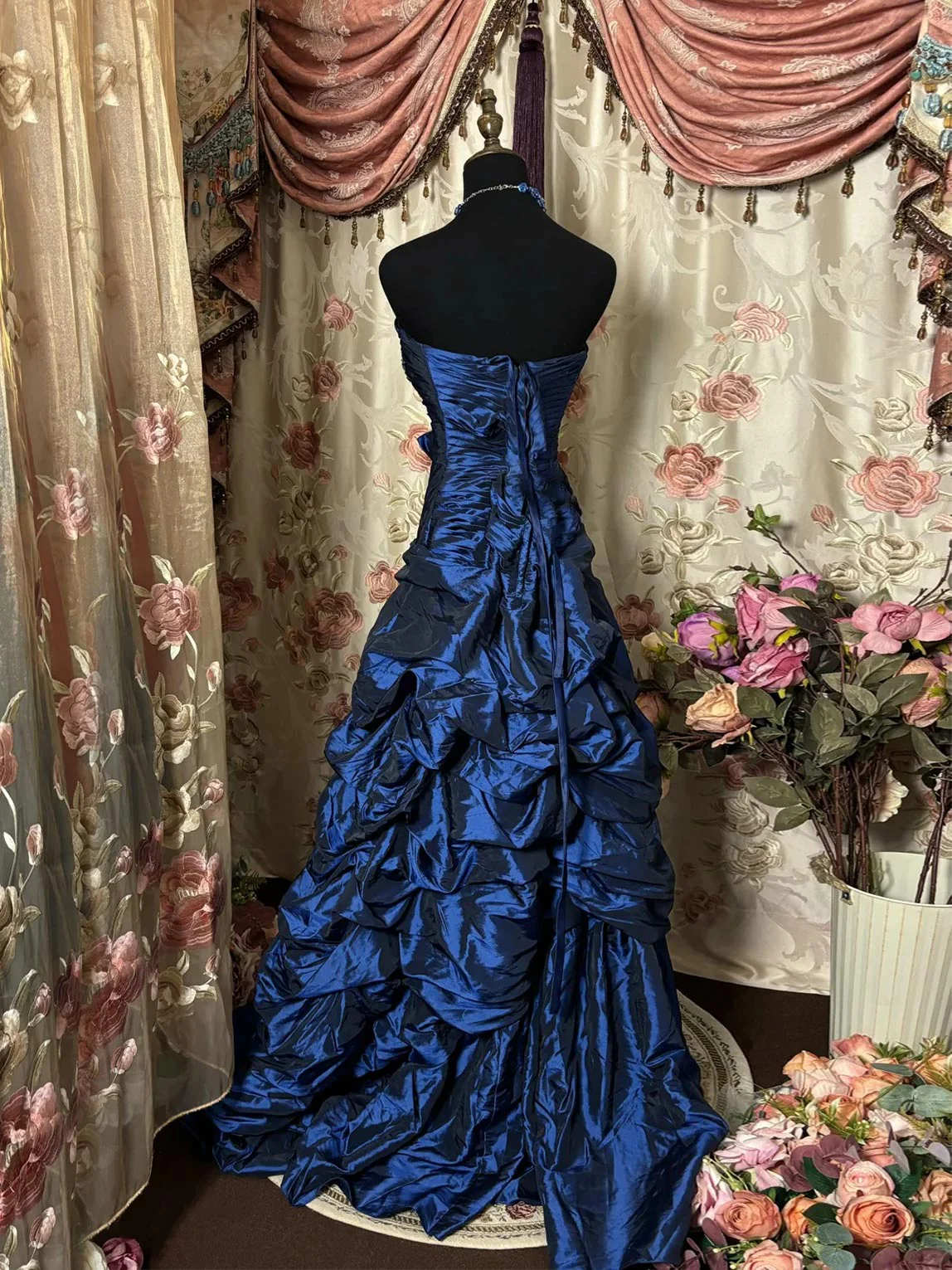Unique Strapless Satin Pleated Evening Dress,Blue Sequin Beaded Long Party Dress Birthday Prom Dress D2013