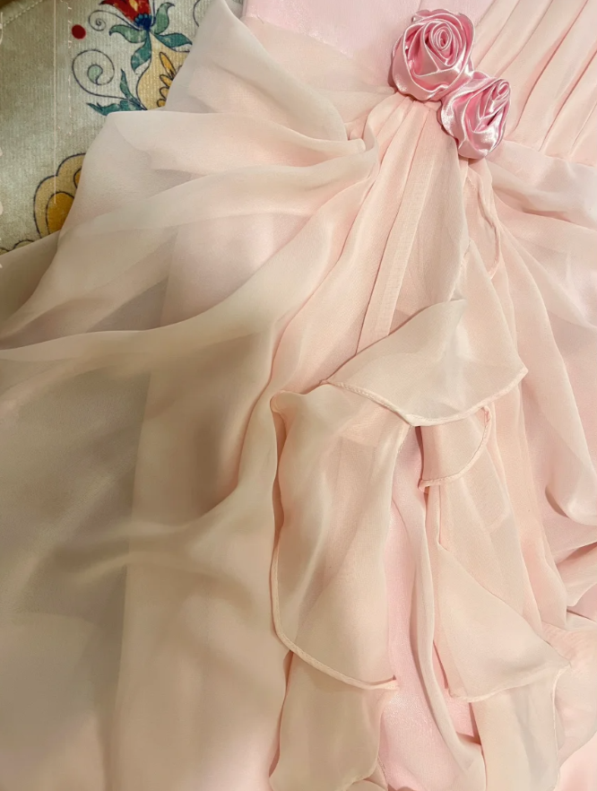 Pretty Pink Chiffon Pleated One Shoulder Mermaid Long Party Dress Evening Gown With Flowers D21116