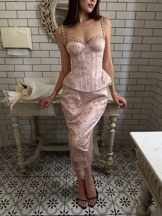 Glamorous Pink Sweetheart Neck Spaghetti Strap Satin Embroidery Flower Long Prom Dress Party Dress Two Piece D4394