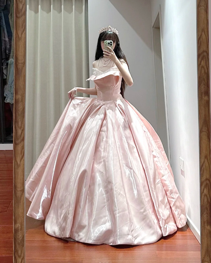 Charming Off The Shoulder Satin Beaded Ball Gown Sweet princess Quinceanera Dress D1701